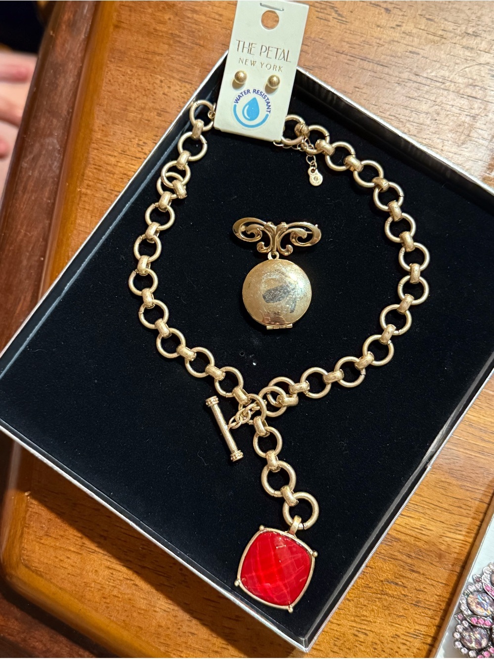 Gold Chain Bracelet with Red Pendant small post earrings and locket pin